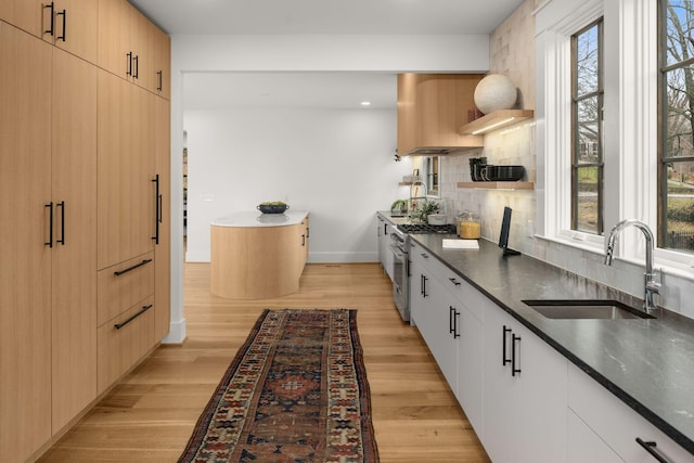 kitchen featuring light hardwood / wood-style flooring, sink, a wealth of natural light, and high end stainless steel range