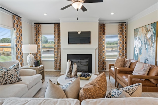 living room with light wood-type flooring, plenty of natural light, and crown molding