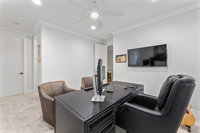 office area with crown molding, light carpet, and ceiling fan