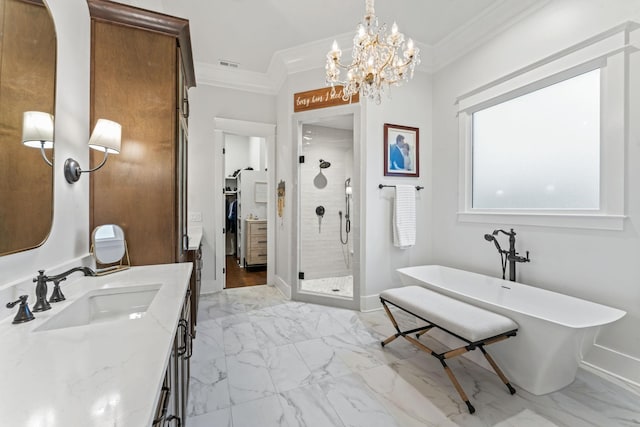 bathroom with ornamental molding, independent shower and bath, and vanity