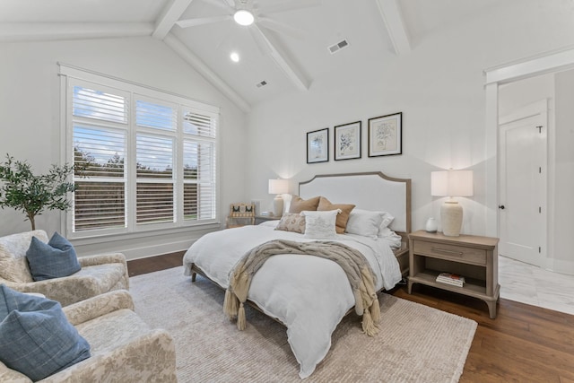 bedroom featuring beamed ceiling, high vaulted ceiling, hardwood / wood-style flooring, and ceiling fan