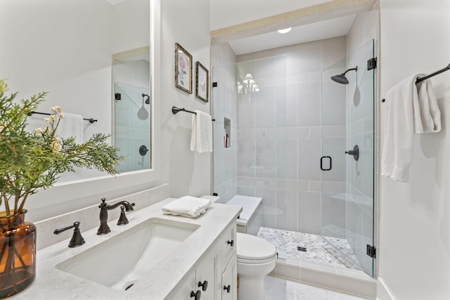 bathroom with an enclosed shower, vanity, and toilet