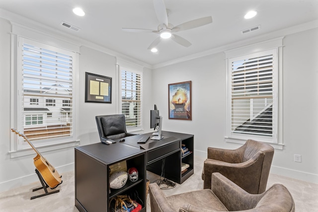 office with crown molding and ceiling fan