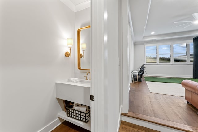 bathroom featuring vanity and wood-type flooring