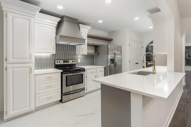 kitchen with sink, decorative backsplash, custom range hood, white cabinetry, and stainless steel appliances