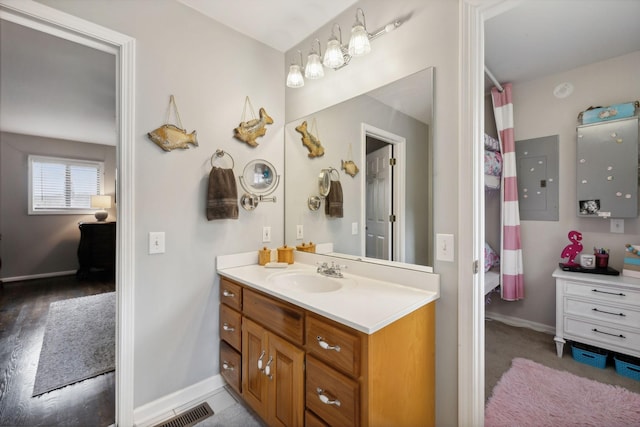 bathroom with electric panel, hardwood / wood-style floors, and vanity