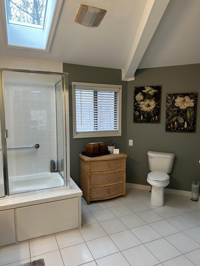 bathroom featuring a skylight, tile patterned floors, beam ceiling, independent shower and bath, and toilet