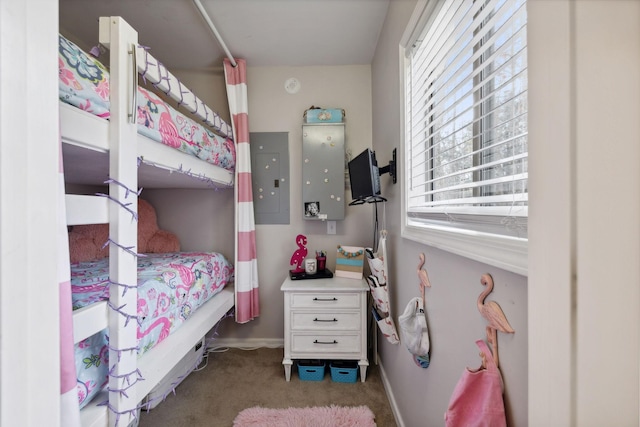 bedroom with dark carpet and electric panel