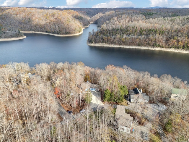 drone / aerial view featuring a water view