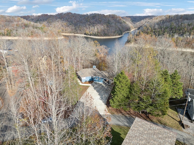 aerial view featuring a water and mountain view