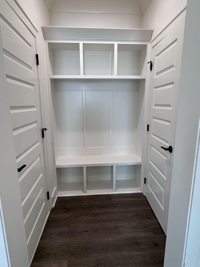 mudroom featuring dark wood-type flooring