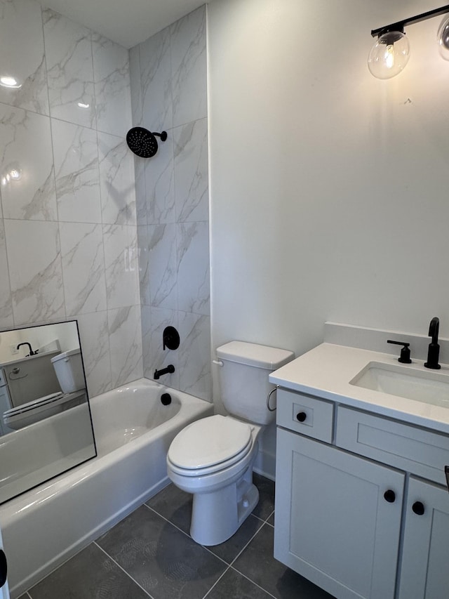 full bath featuring tub / shower combination, toilet, vanity, and tile patterned floors