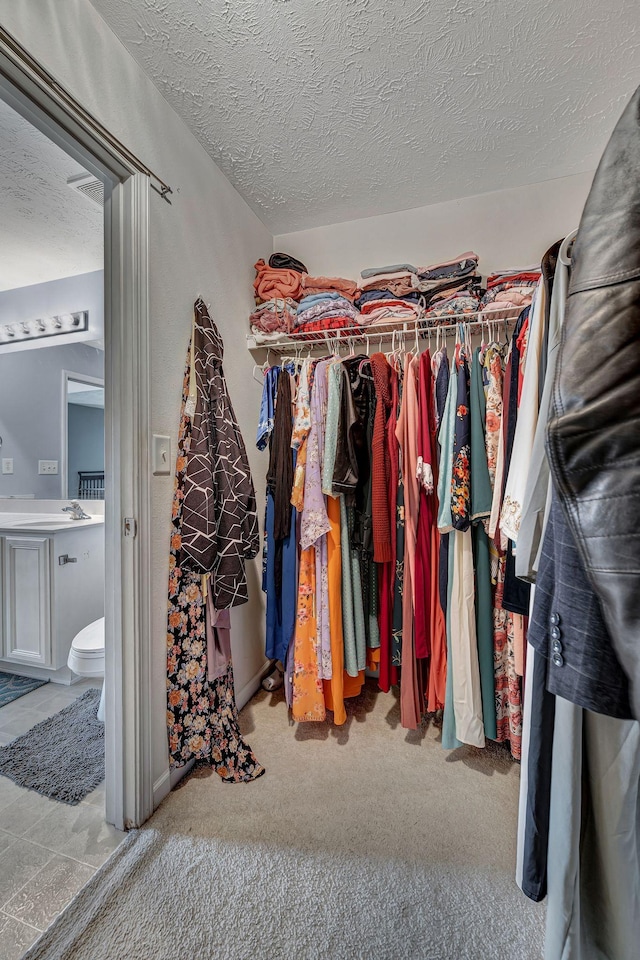 walk in closet featuring light carpet and sink