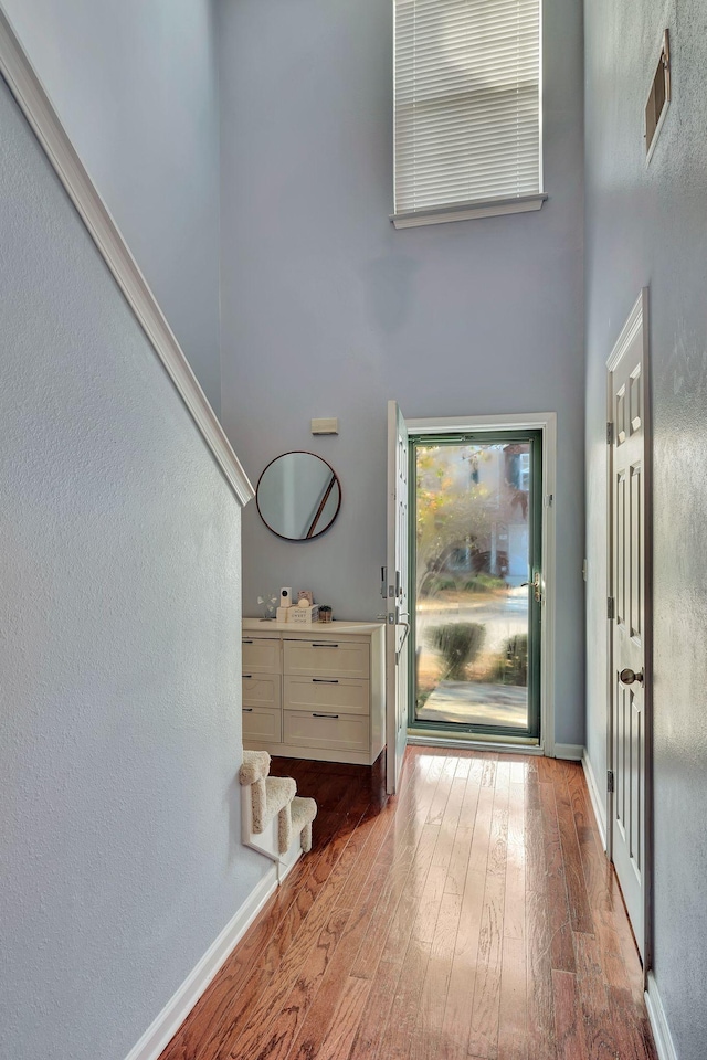 entryway featuring wood-type flooring and a high ceiling