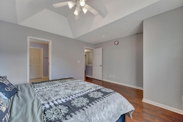 bedroom featuring lofted ceiling, ceiling fan, and dark hardwood / wood-style floors