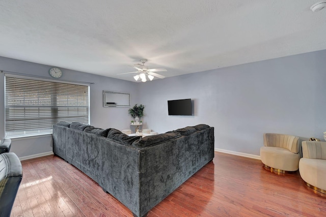 living room featuring hardwood / wood-style flooring, ceiling fan, and a textured ceiling