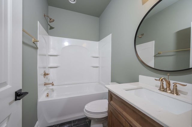 full bathroom featuring shower / tub combination, tile patterned flooring, vanity, and toilet