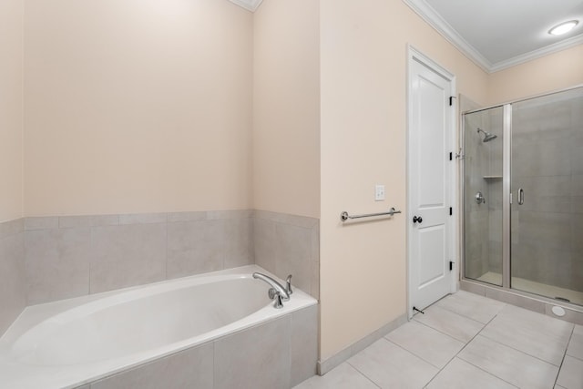 bathroom with tile patterned flooring, shower with separate bathtub, and ornamental molding