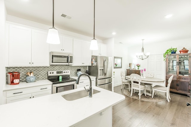 kitchen with white cabinets, decorative backsplash, stainless steel appliances, and hanging light fixtures