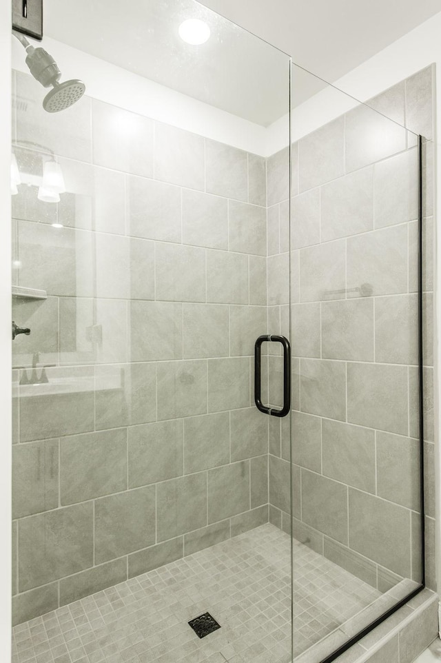 bathroom featuring a shower with shower door