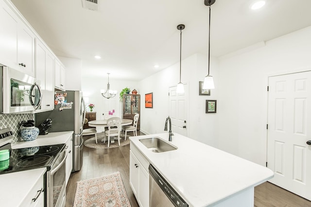 kitchen with pendant lighting, a kitchen island with sink, white cabinets, sink, and appliances with stainless steel finishes