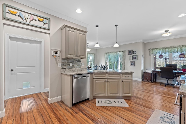 kitchen featuring stainless steel dishwasher, decorative light fixtures, dark hardwood / wood-style floors, and crown molding