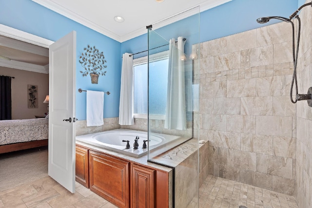 bathroom with crown molding and shower with separate bathtub