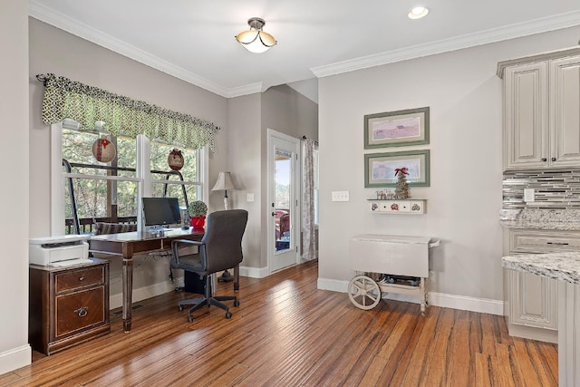 office area featuring dark hardwood / wood-style flooring and ornamental molding