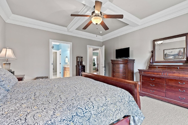 bedroom featuring beam ceiling, ensuite bath, ceiling fan, coffered ceiling, and light colored carpet