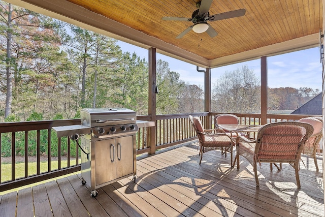 sunroom featuring ceiling fan, plenty of natural light, and wooden ceiling