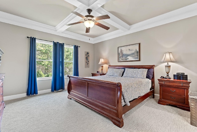 carpeted bedroom with ceiling fan, beamed ceiling, coffered ceiling, and ornamental molding