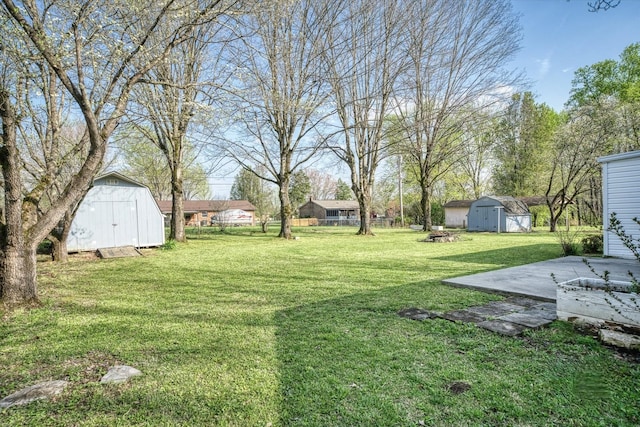 view of yard featuring a patio area and a storage unit