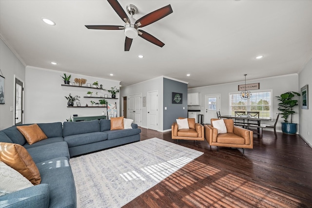 living room with ceiling fan with notable chandelier, dark hardwood / wood-style flooring, and ornamental molding