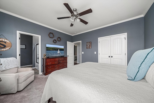 carpeted bedroom with ceiling fan, a closet, and crown molding