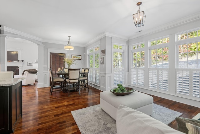 living room featuring plenty of natural light, dark wood-type flooring, and ornamental molding