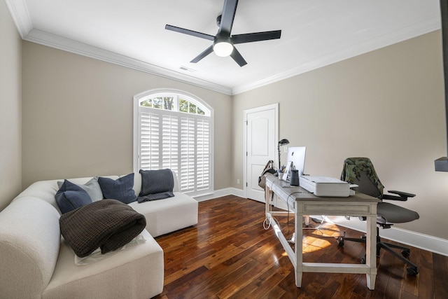 office area with ceiling fan, dark hardwood / wood-style flooring, and ornamental molding