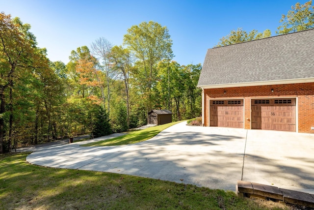 view of property exterior with a storage unit and a lawn