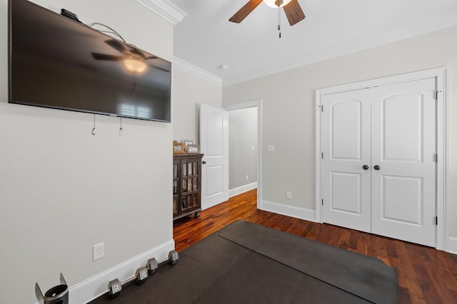 workout room with ceiling fan, dark hardwood / wood-style flooring, and ornamental molding