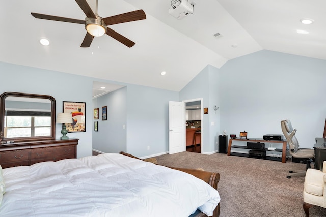 bedroom featuring carpet flooring, ceiling fan, and vaulted ceiling