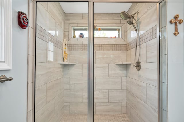 bathroom featuring a shower with shower door