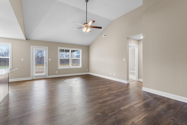 unfurnished living room with ceiling fan, dark wood-type flooring, and high vaulted ceiling