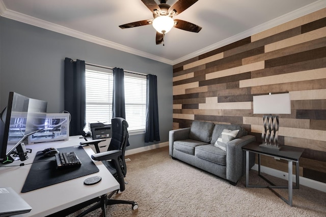 home office featuring ceiling fan, carpet floors, and crown molding