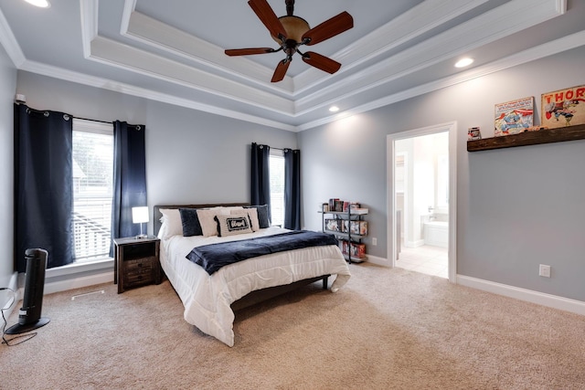 bedroom featuring a raised ceiling, ceiling fan, light colored carpet, and crown molding