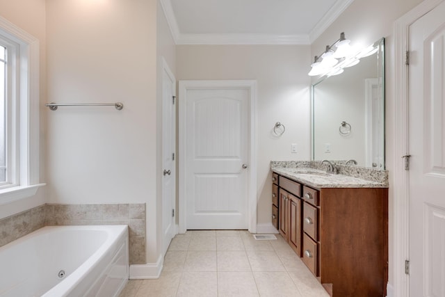 bathroom featuring tile patterned flooring, vanity, a bath, and crown molding