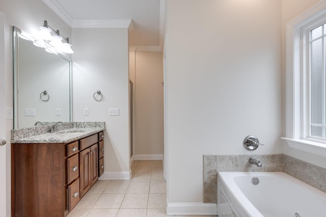 bathroom with a bath, vanity, tile patterned floors, and ornamental molding