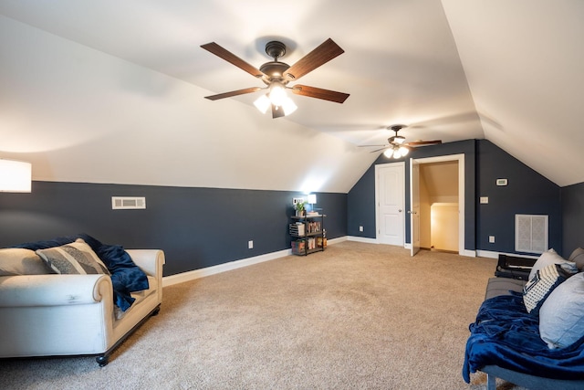 living area featuring light colored carpet, a ceiling fan, baseboards, and lofted ceiling