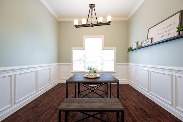 dining area with dark wood-style floors, a chandelier, crown molding, wainscoting, and a decorative wall
