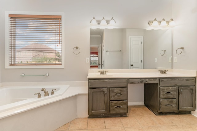 bathroom with vanity, tile patterned floors, and a tub