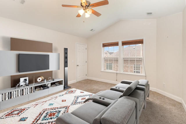 living room with ceiling fan, lofted ceiling, and light carpet