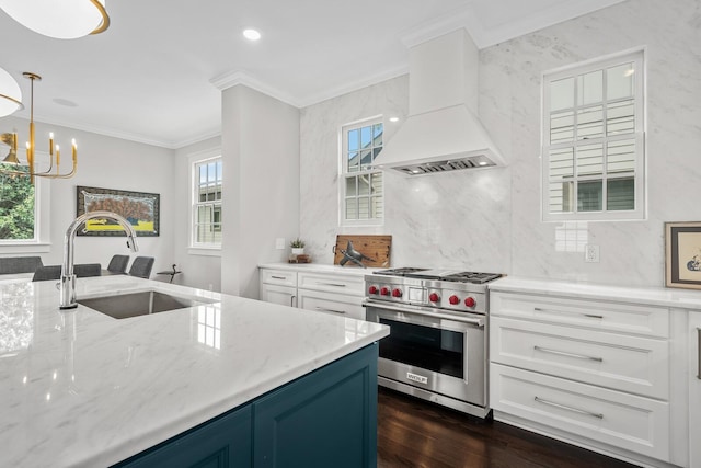 kitchen featuring sink, plenty of natural light, premium range, and custom exhaust hood